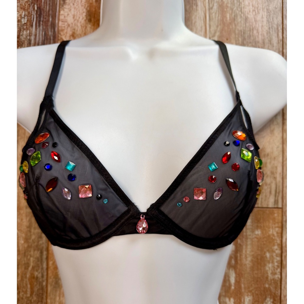 Savage X Fenty Carnival Bra 34B Black Mesh Jeweled Rhinestone Plunge NWT